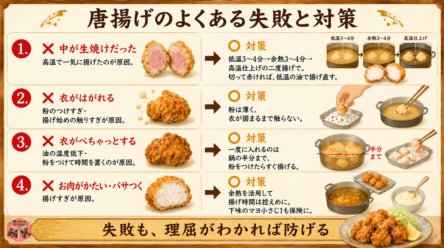 唐揚げの失敗と対策(生焼け・衣はがれ・べちゃつき)