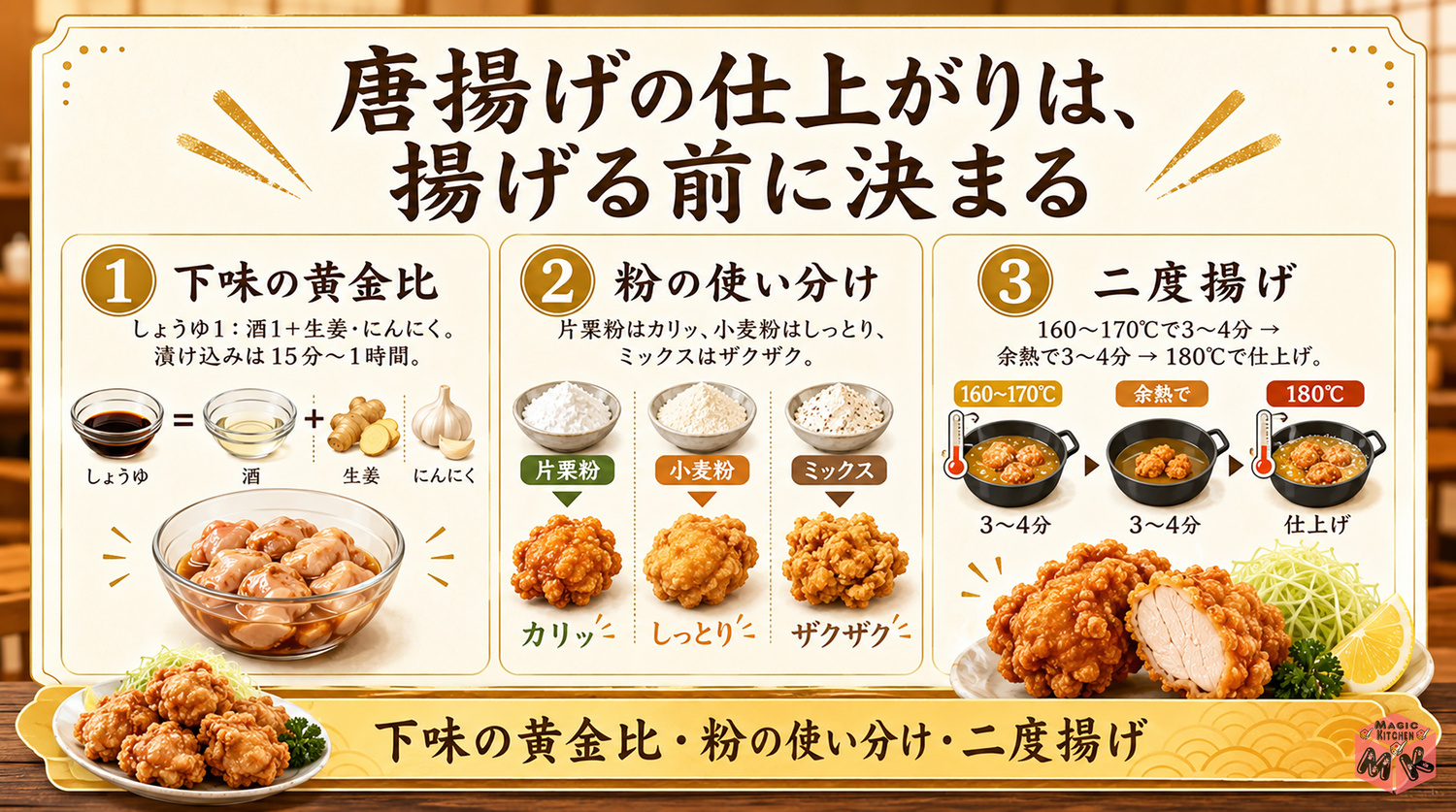 唐揚げの作り方の全体像インフォグラフィック