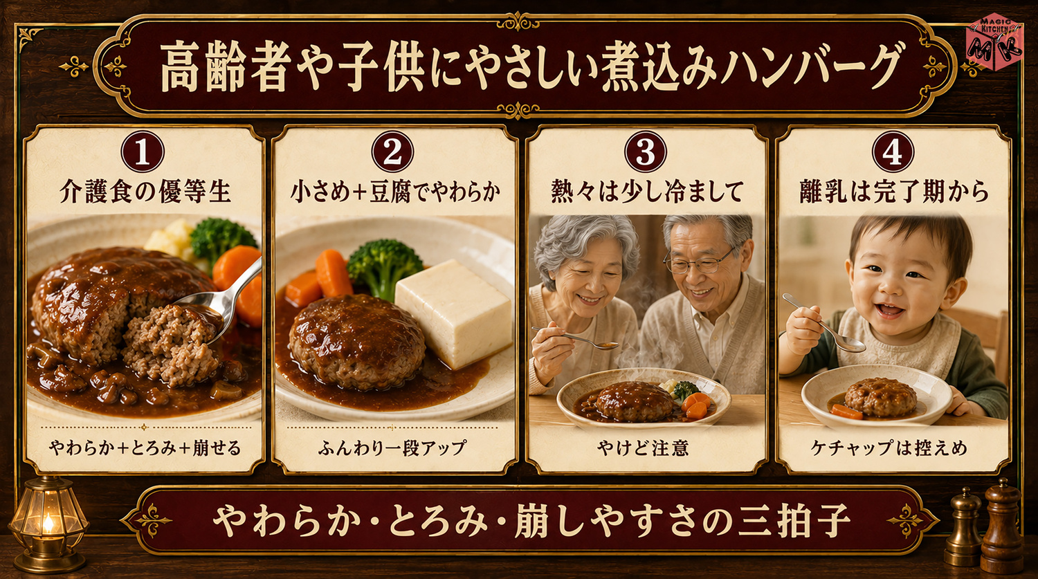 高齢者や子供にやさしい煮込みハンバーグの工夫の図解