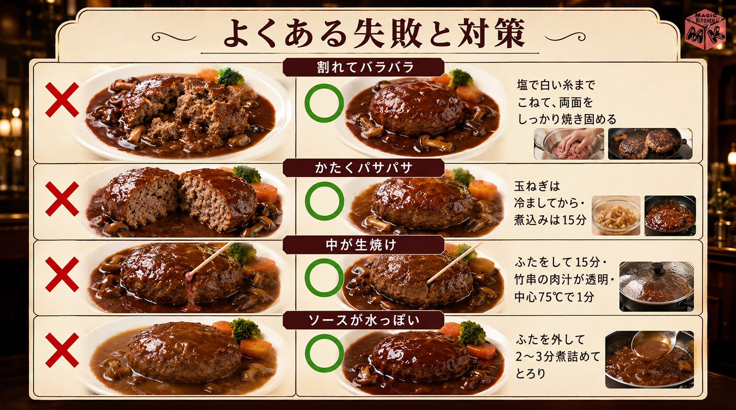 煮込みハンバーグのよくある失敗と対策の図解