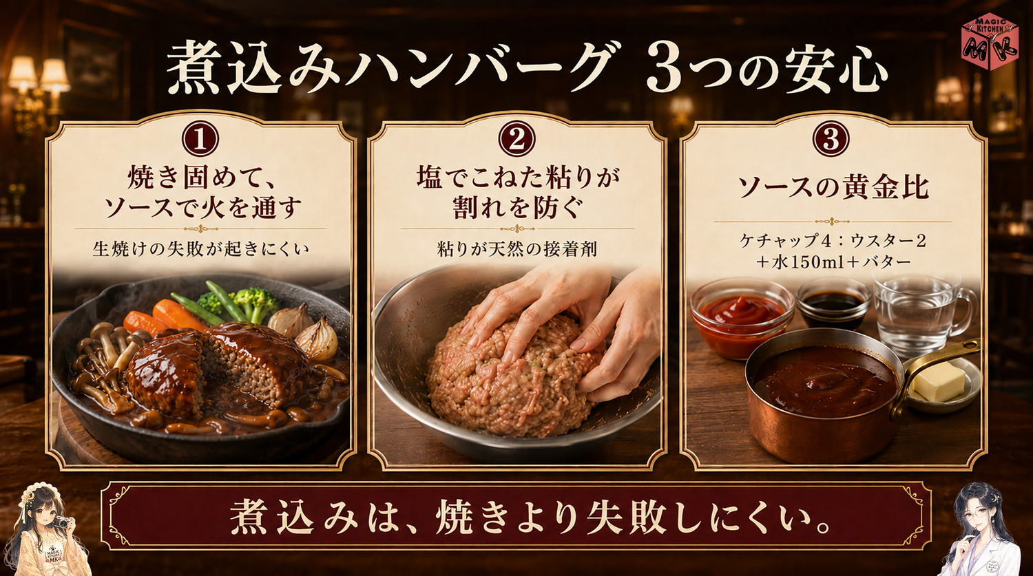 煮込みハンバーグの作り方の全体像インフォグラフィック
