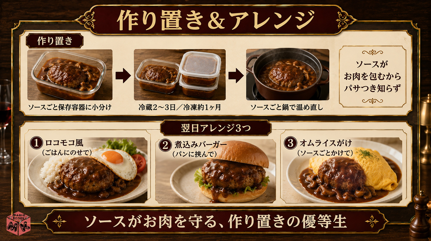 煮込みハンバーグの作り置きとアレンジの図解