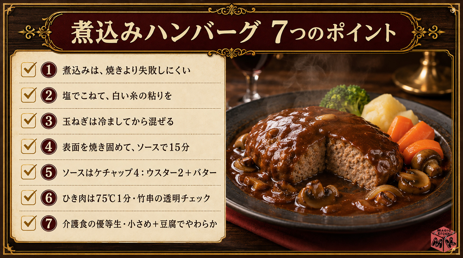 煮込みハンバーグの作り方の7つのポイントまとめビジュアル