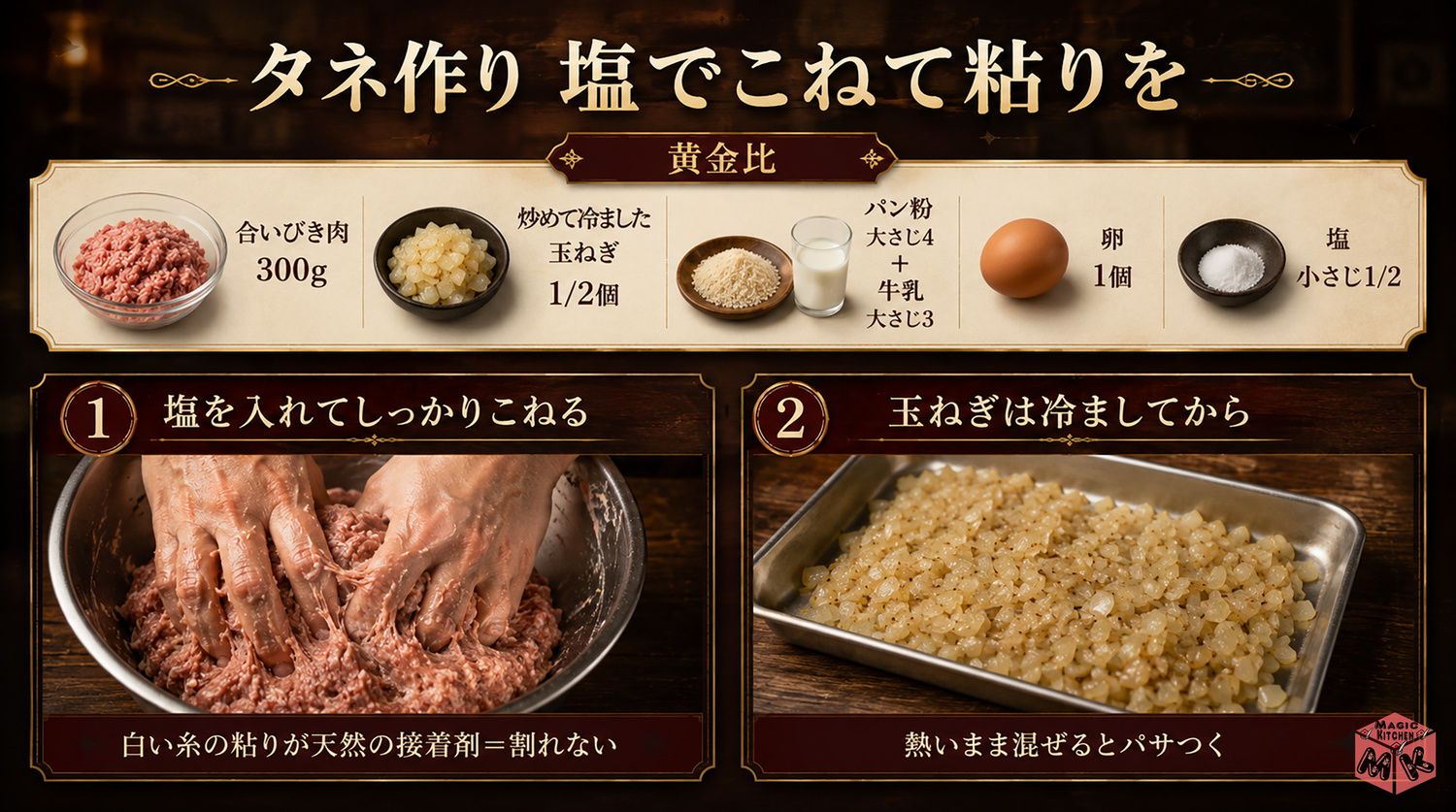 煮込みハンバーグのタネ作りの図解(塩でこねて粘りを出す)