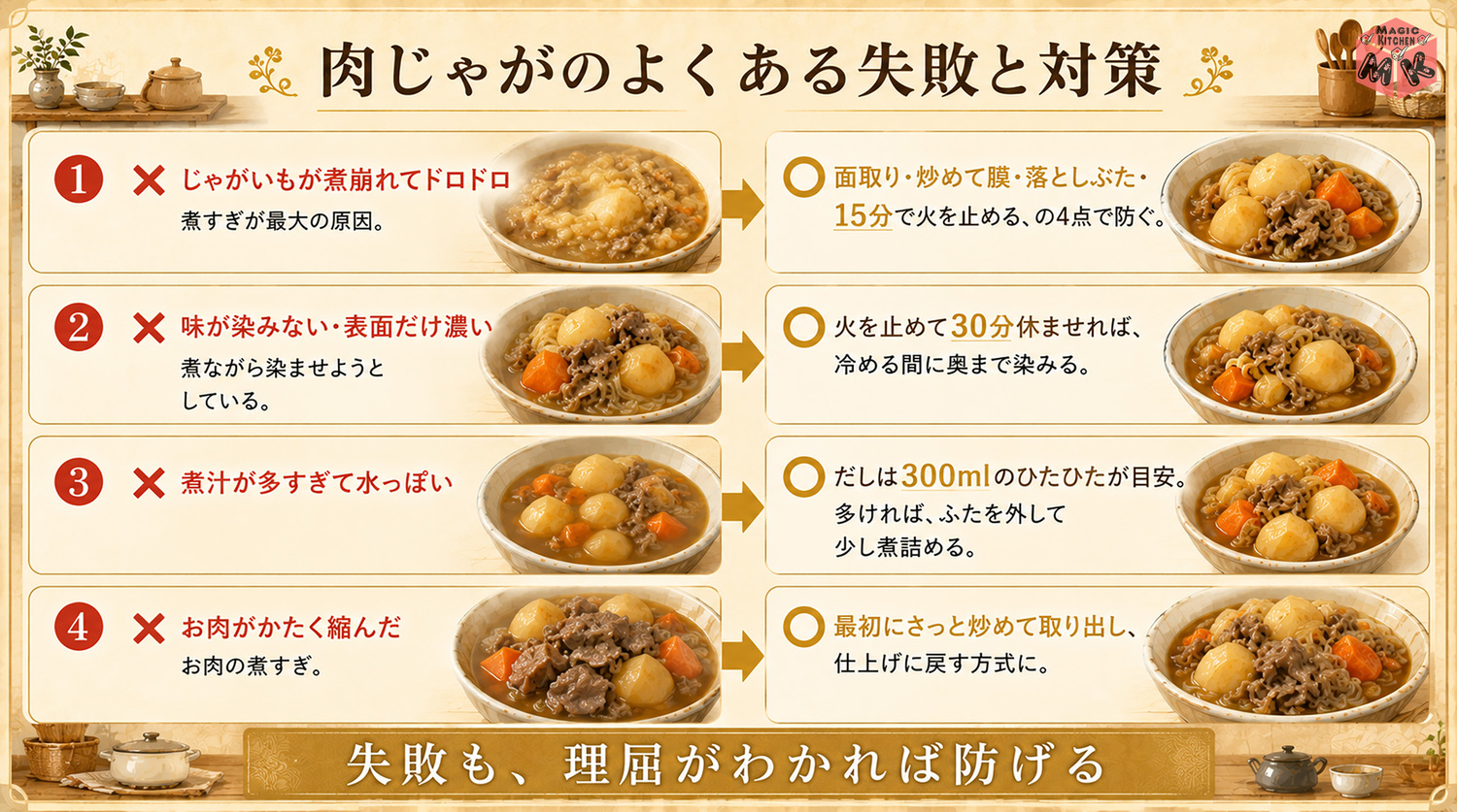 肉じゃがの失敗と対策の対比図（煮崩れ・味染み・かたいお肉）