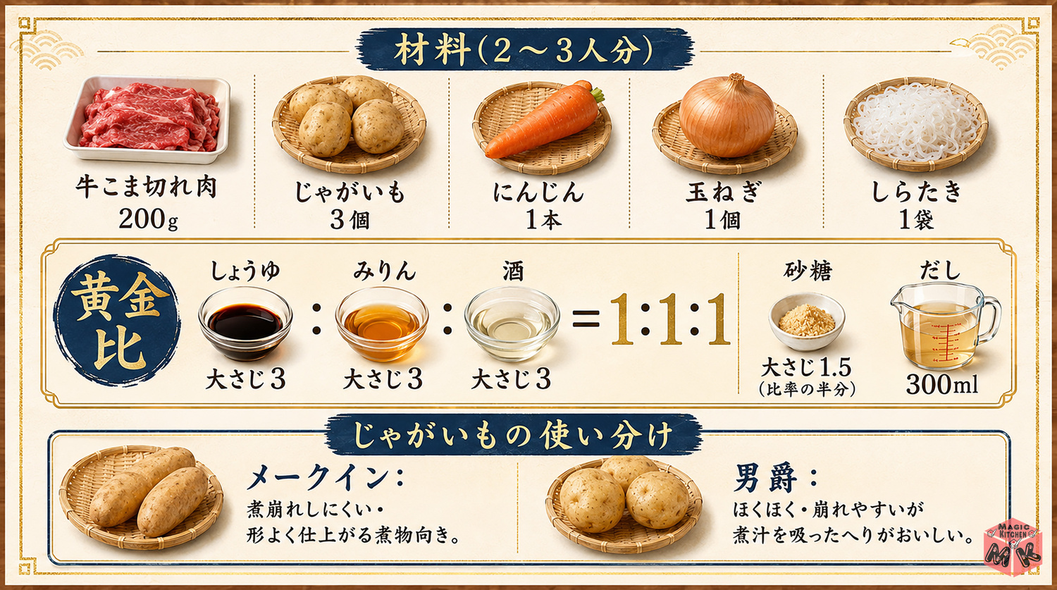 肉じゃがの材料と黄金比の図解（メークインと男爵の違い）