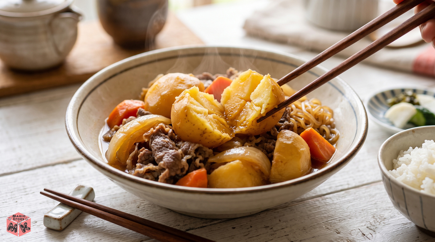 完成した肉じゃがの実写（味の染みたおふくろの肉じゃが）