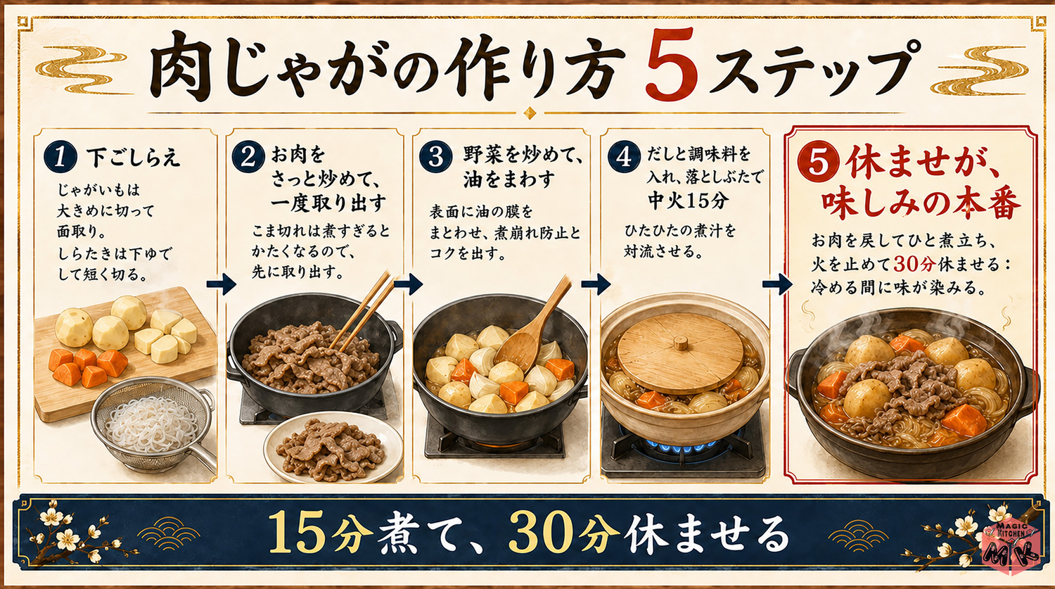 肉じゃがの作り方5ステップの工程図