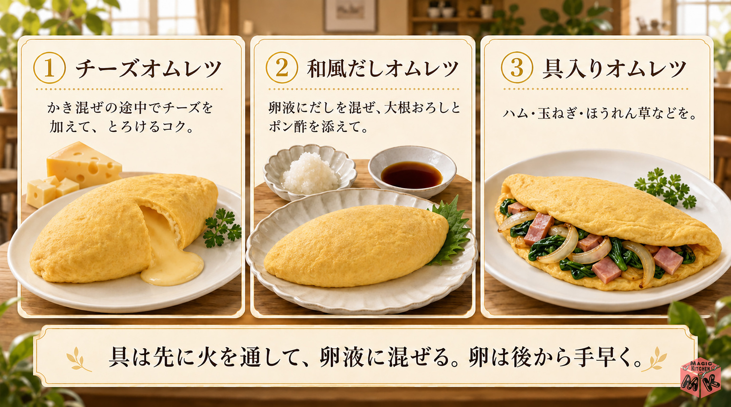 オムレツのアレンジと具入りのコツ