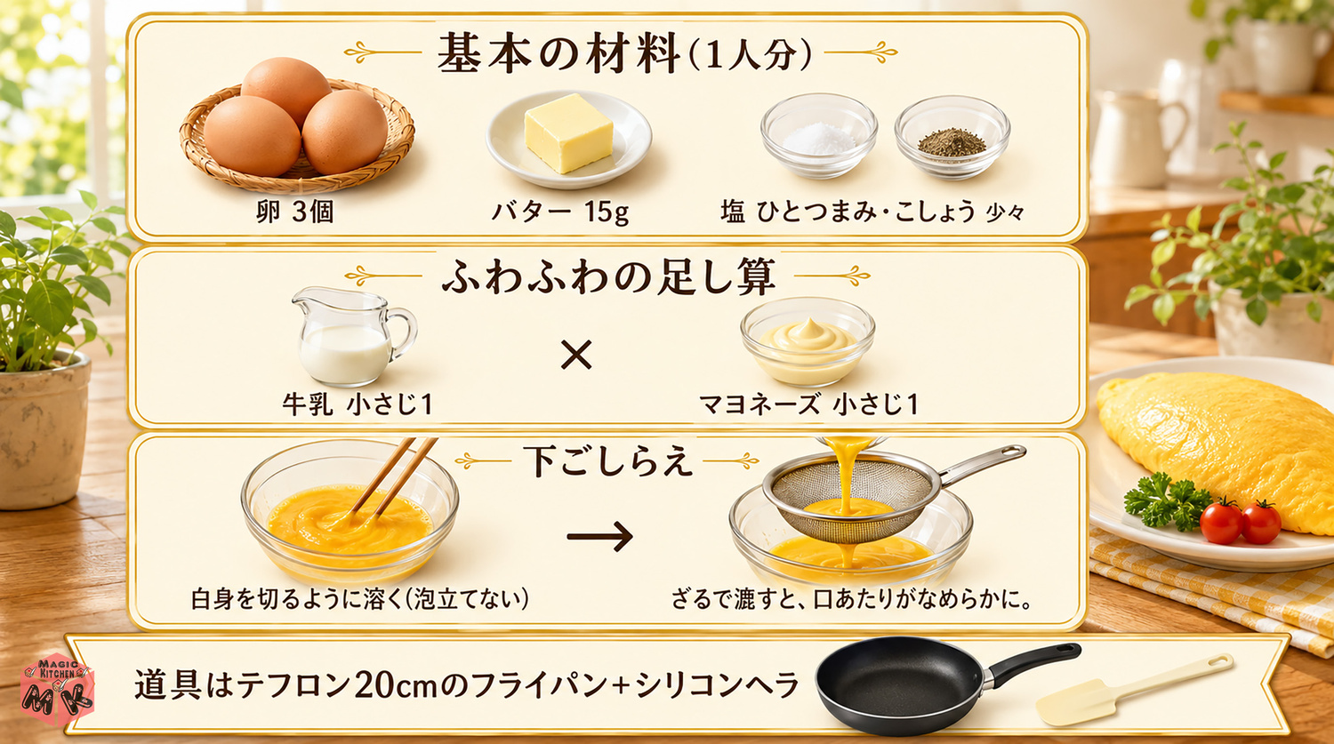 オムレツの材料と下ごしらえ