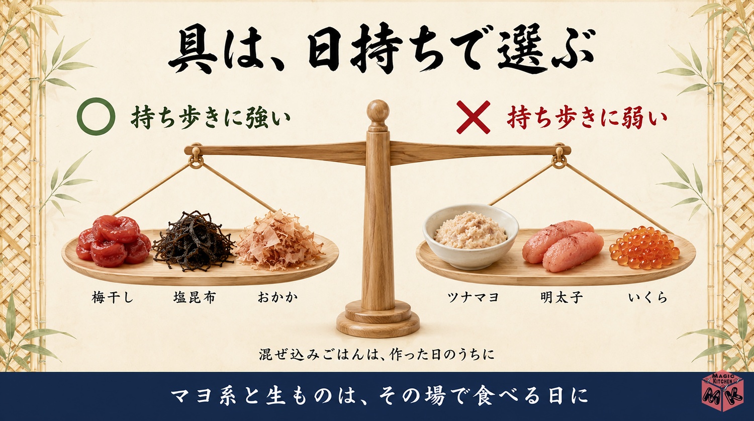 おにぎりの具の持ち歩きに強い具と弱い具のマップ図解