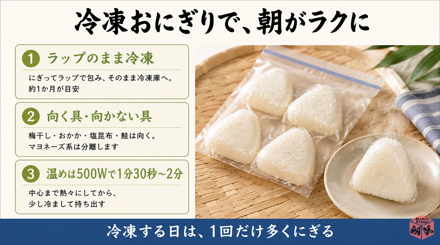冷凍おにぎりの作り方と温め方の図解(約1か月・500Wで1分30秒〜2分)