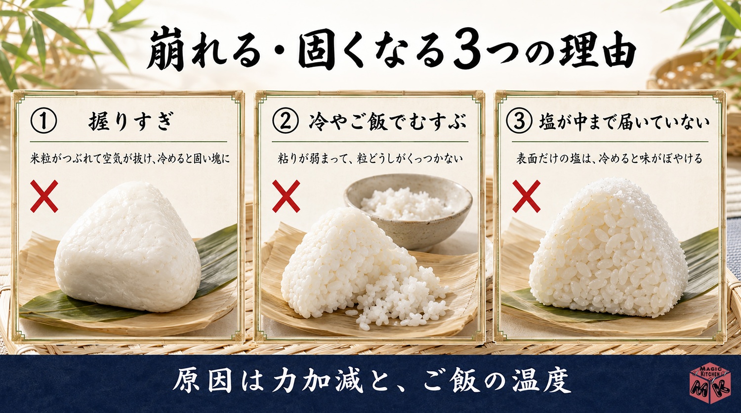 おにぎりが崩れる固くなる3つの理由の図解