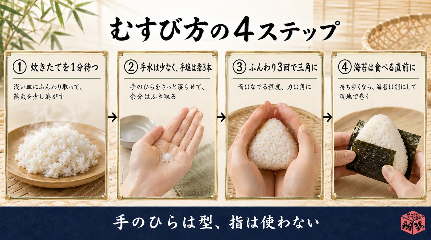 おにぎりのむすび方4ステップの工程図