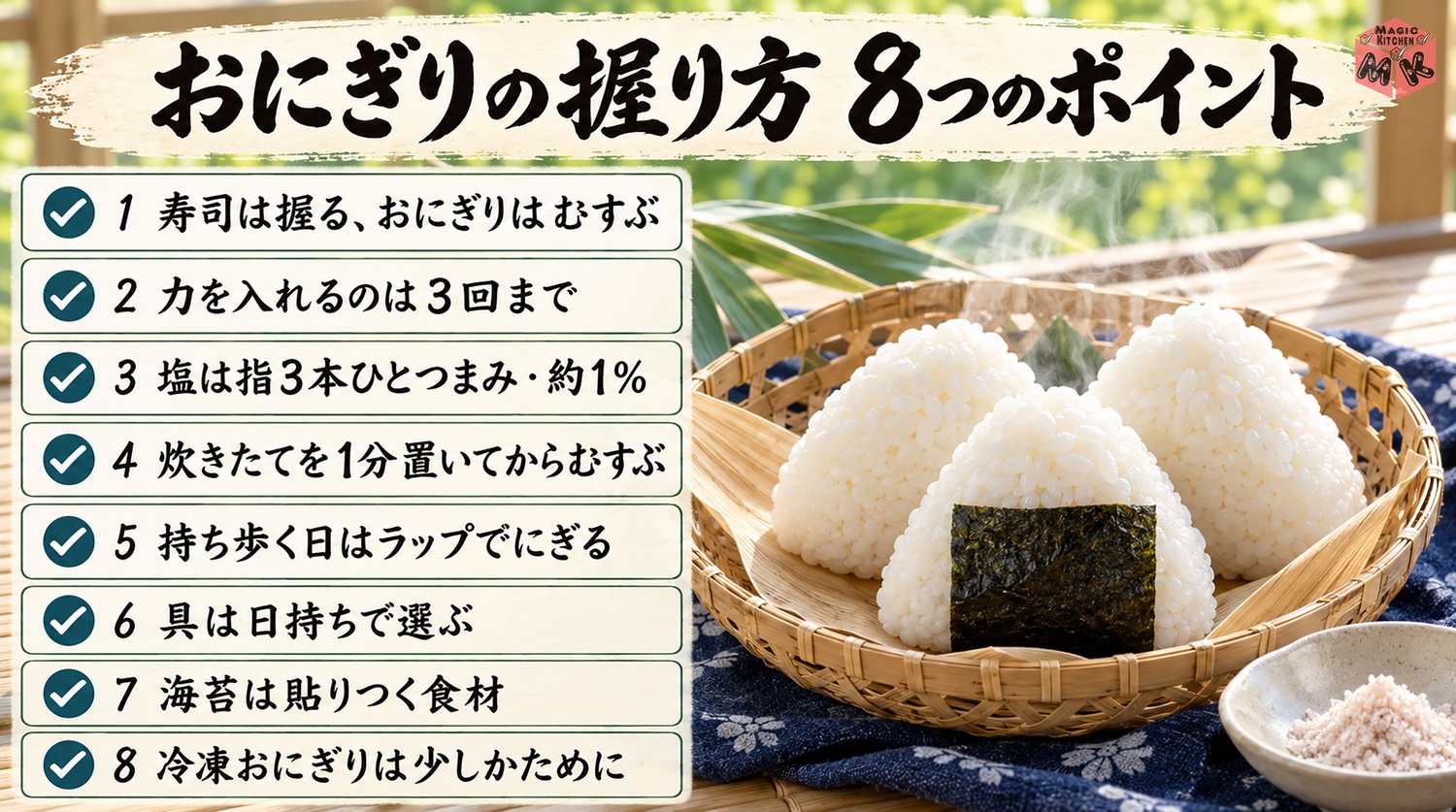 おにぎりの握り方のまとめ8つのポイント(力は3回まで・塩は約1%など)