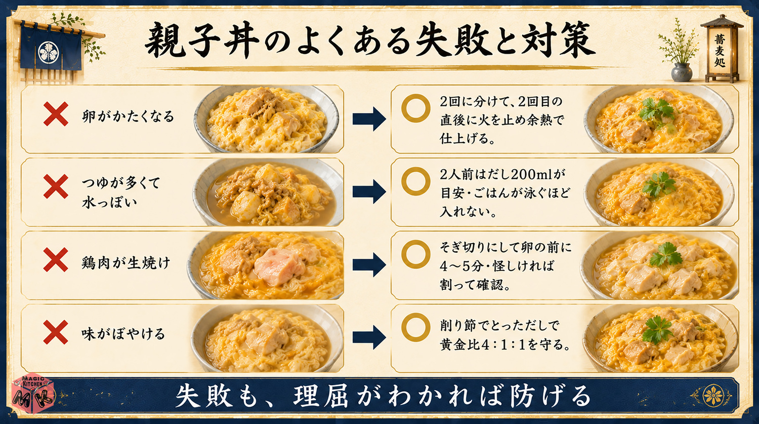 親子丼の失敗と対策の対比図（かたい卵・水っぽい・生焼け）