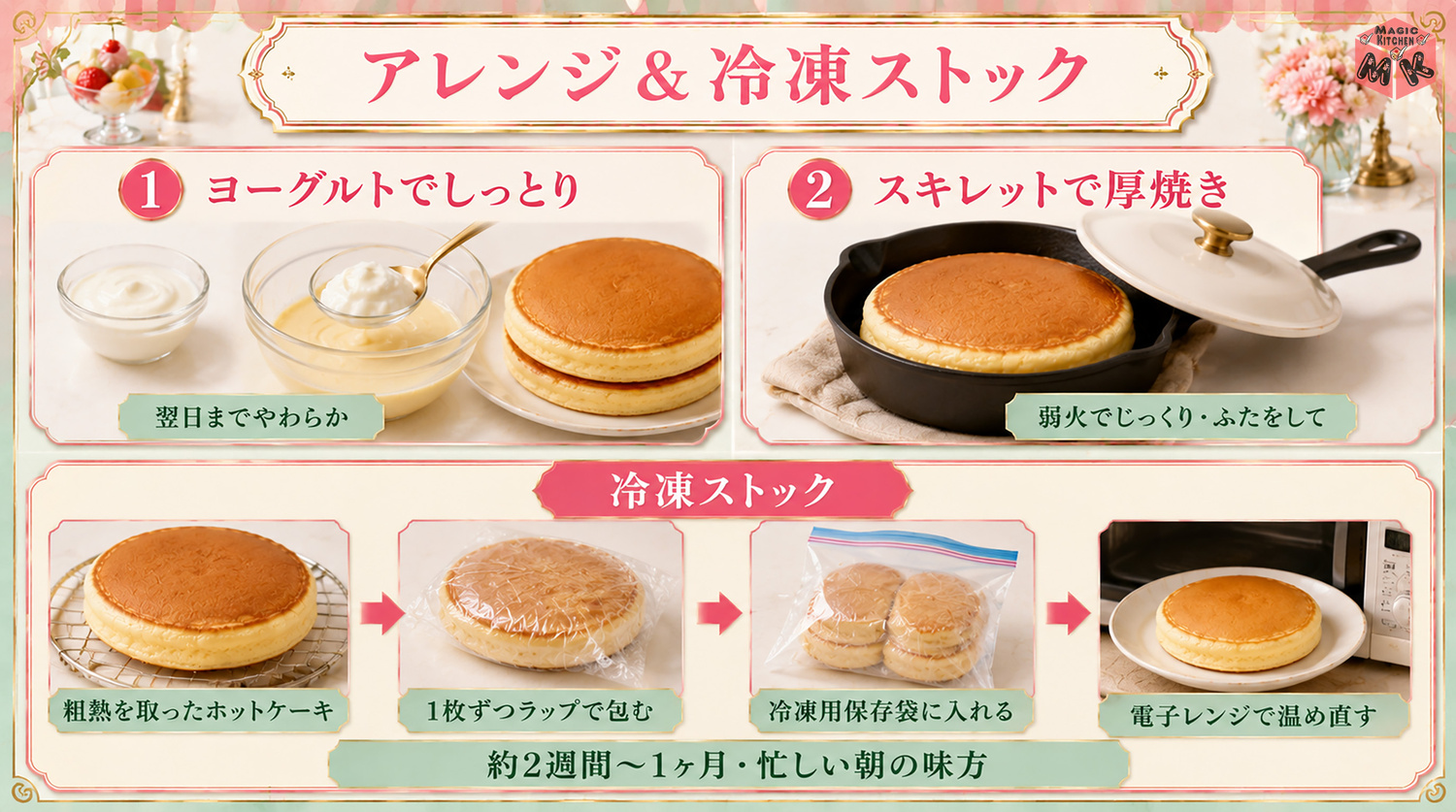 ホットケーキのアレンジと冷凍ストックの図解