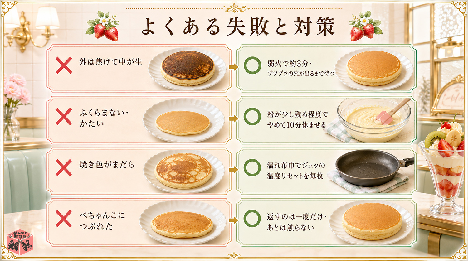 ホットケーキのよくある失敗と対策の図解