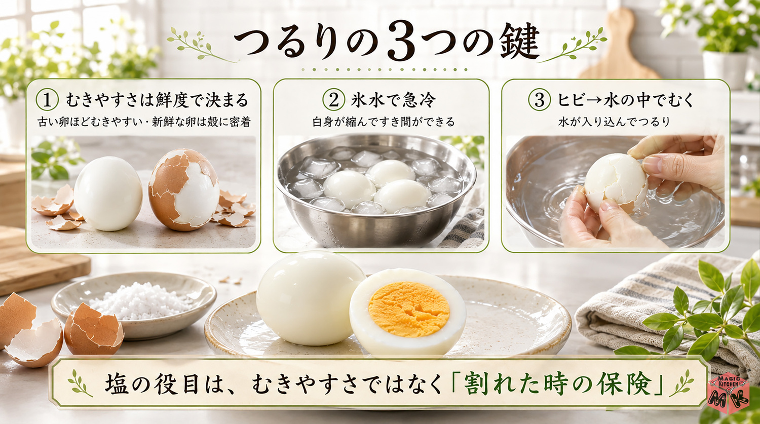 ゆで卵の殻むきの科学の全体像インフォグラフィック