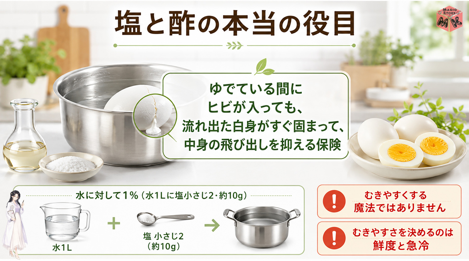 ゆで湯の塩と酢の本当の役目の図解