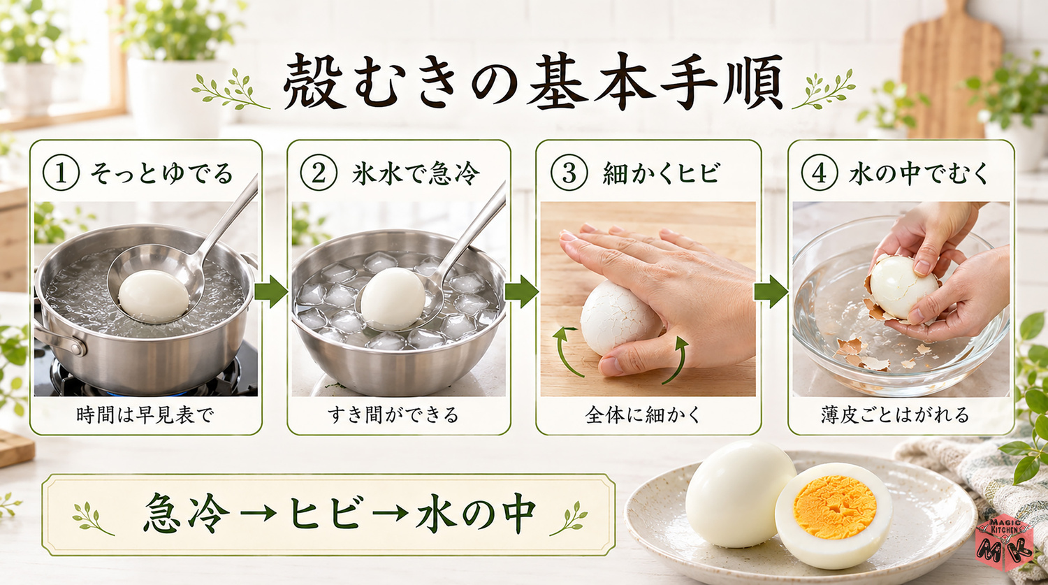 ゆで卵の殻むきの基本手順の工程図