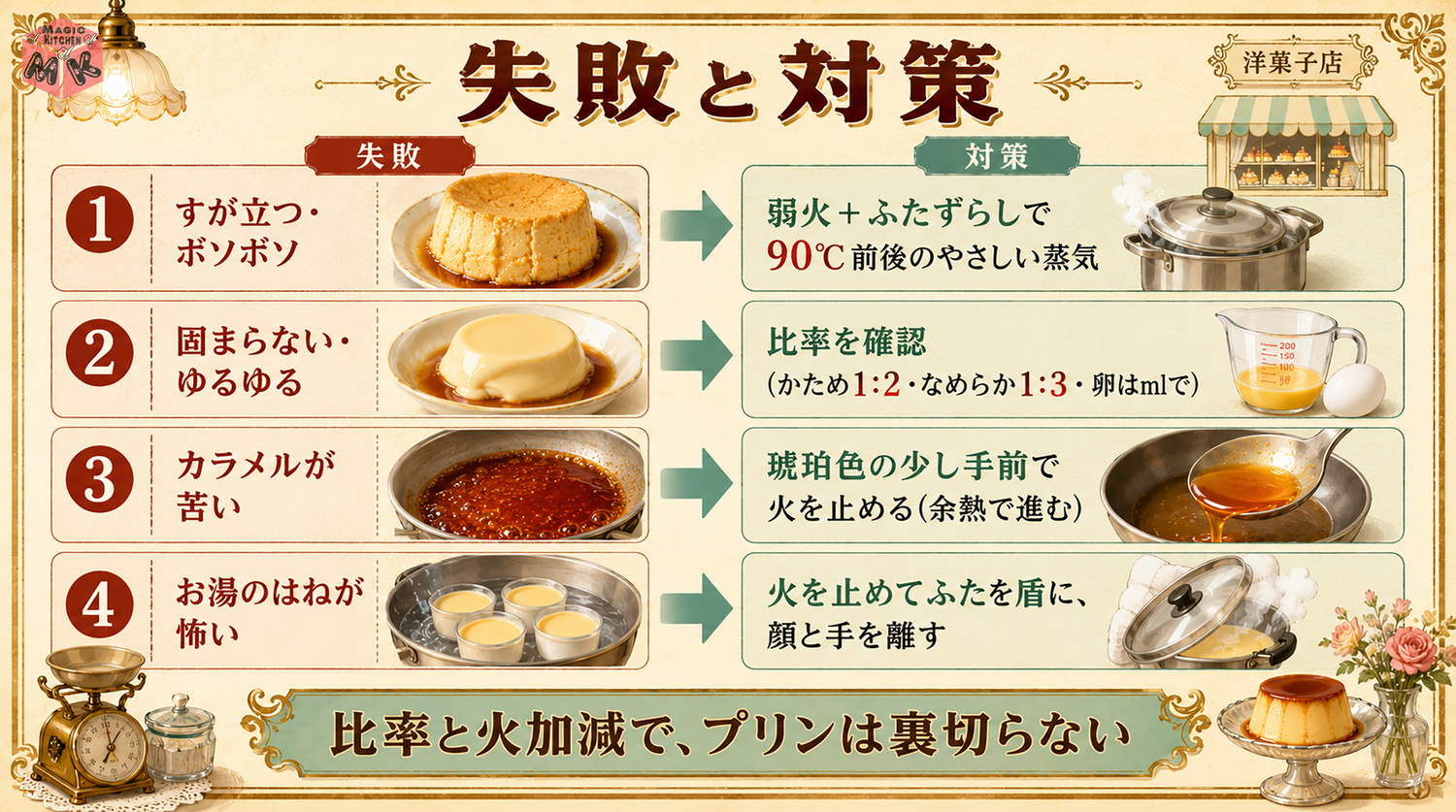 プリンの失敗と対策の図解