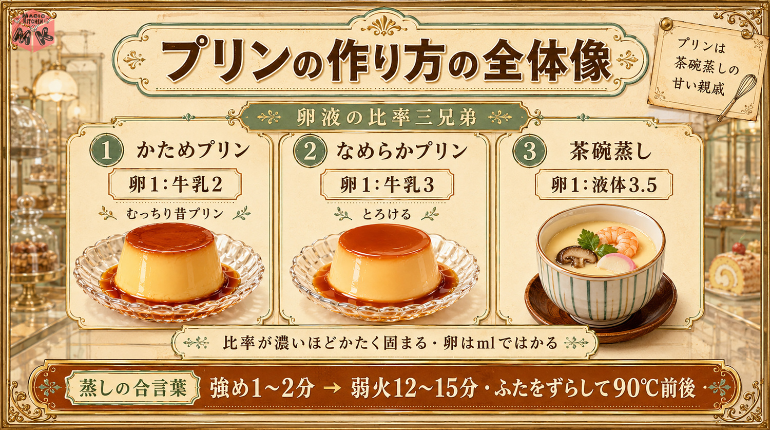 プリンの作り方の全体像(比率三兄弟・カラメル・蒸し方)