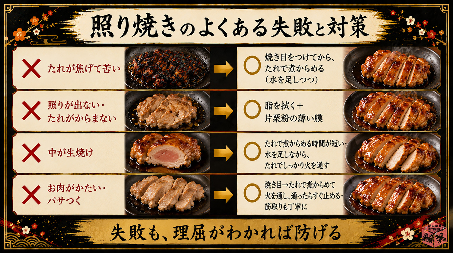 照り焼きのよくある失敗と対策の図解