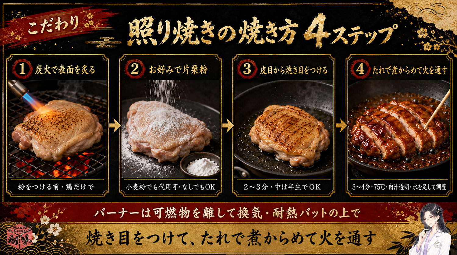 照り焼きの焼き方5ステップの工程図