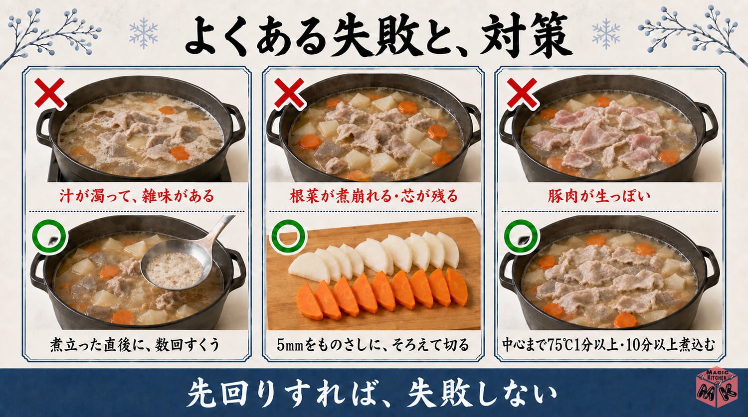 豚汁のよくある失敗3つと対策の図解
