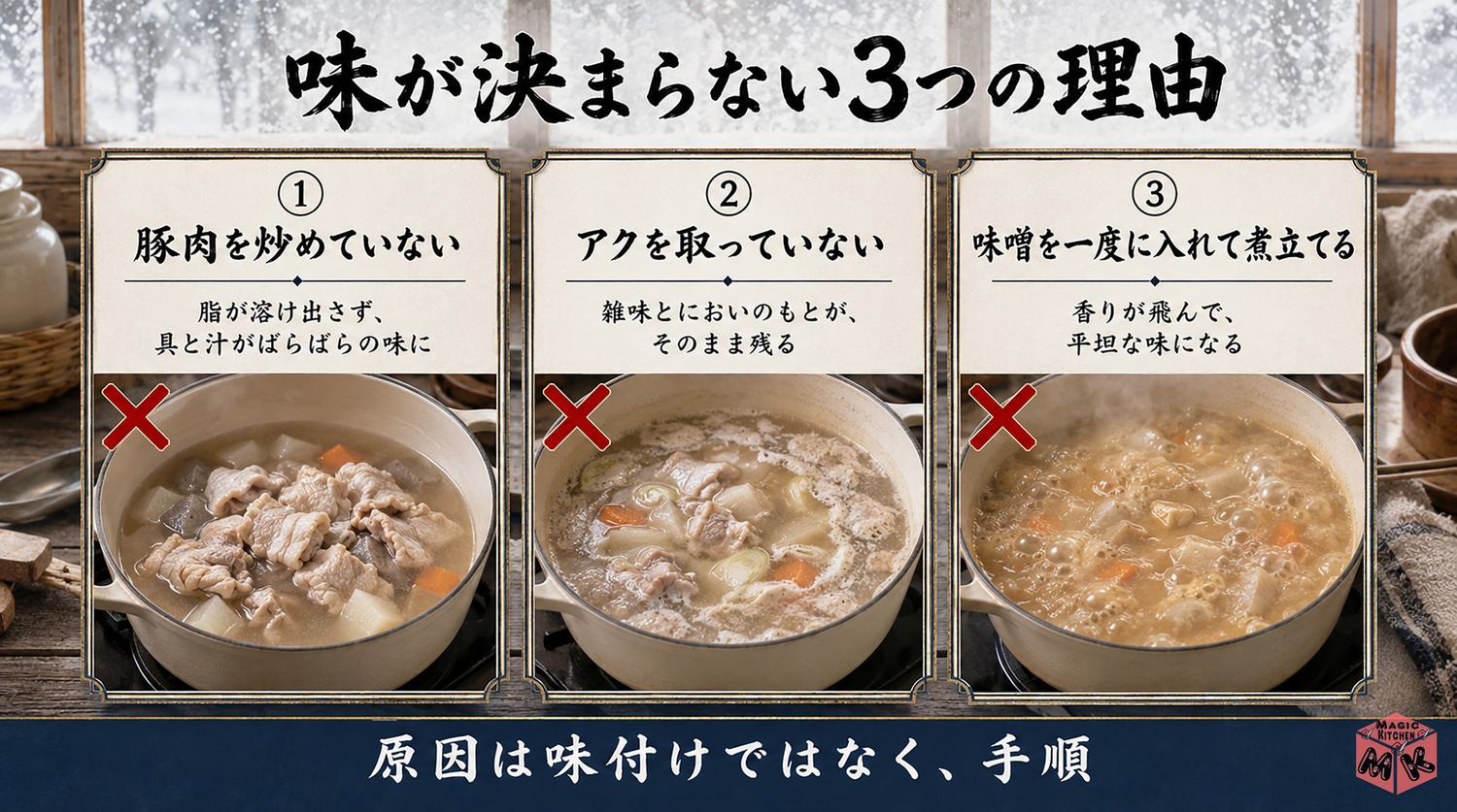豚汁の味が決まらない3つの理由の図解