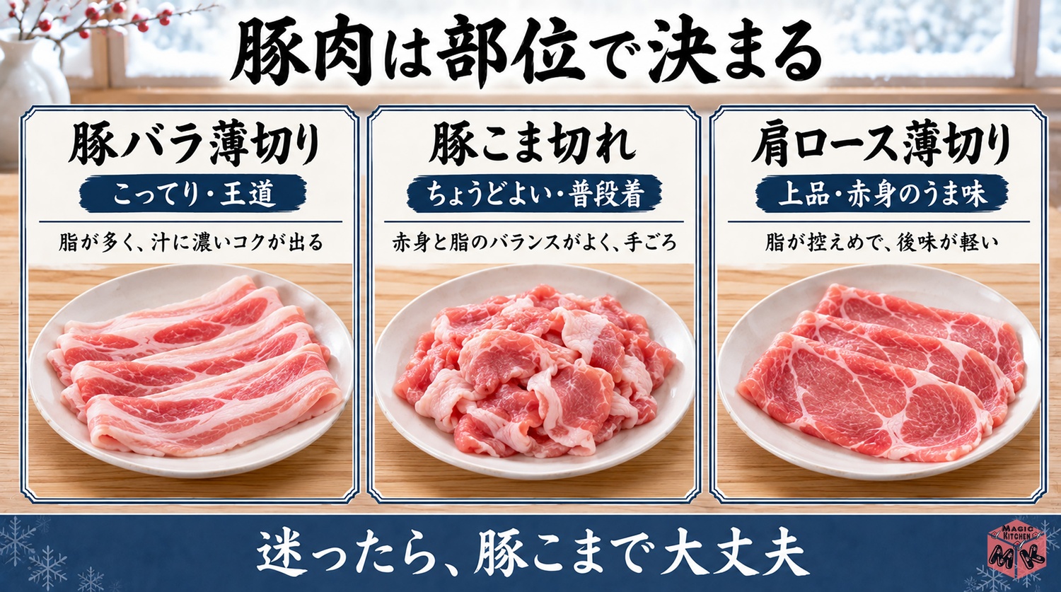 豚汁に使う豚肉3部位(バラ・こま・肩ロース)の比較図