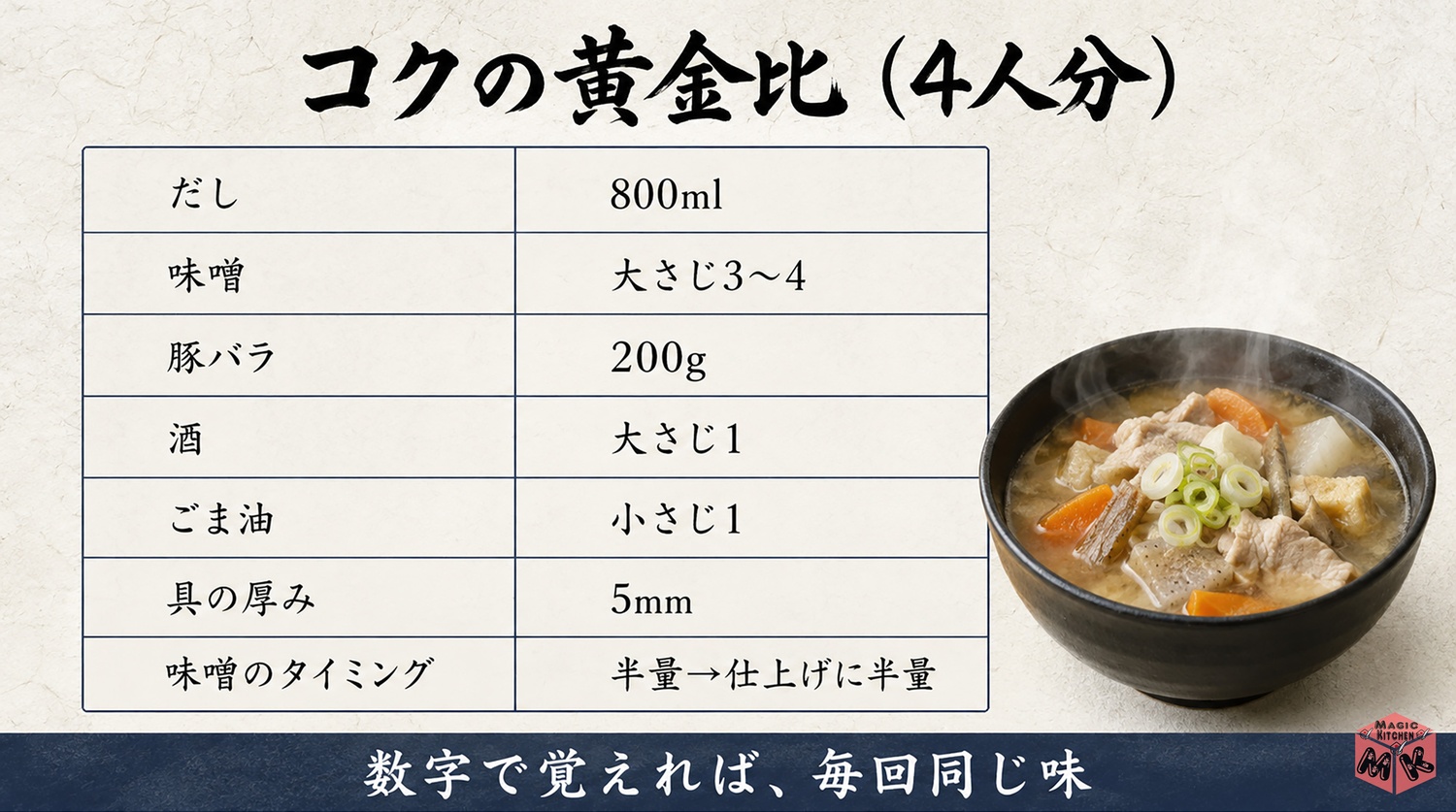 豚汁のコクの黄金比の早見表(4人分の分量の目安)
