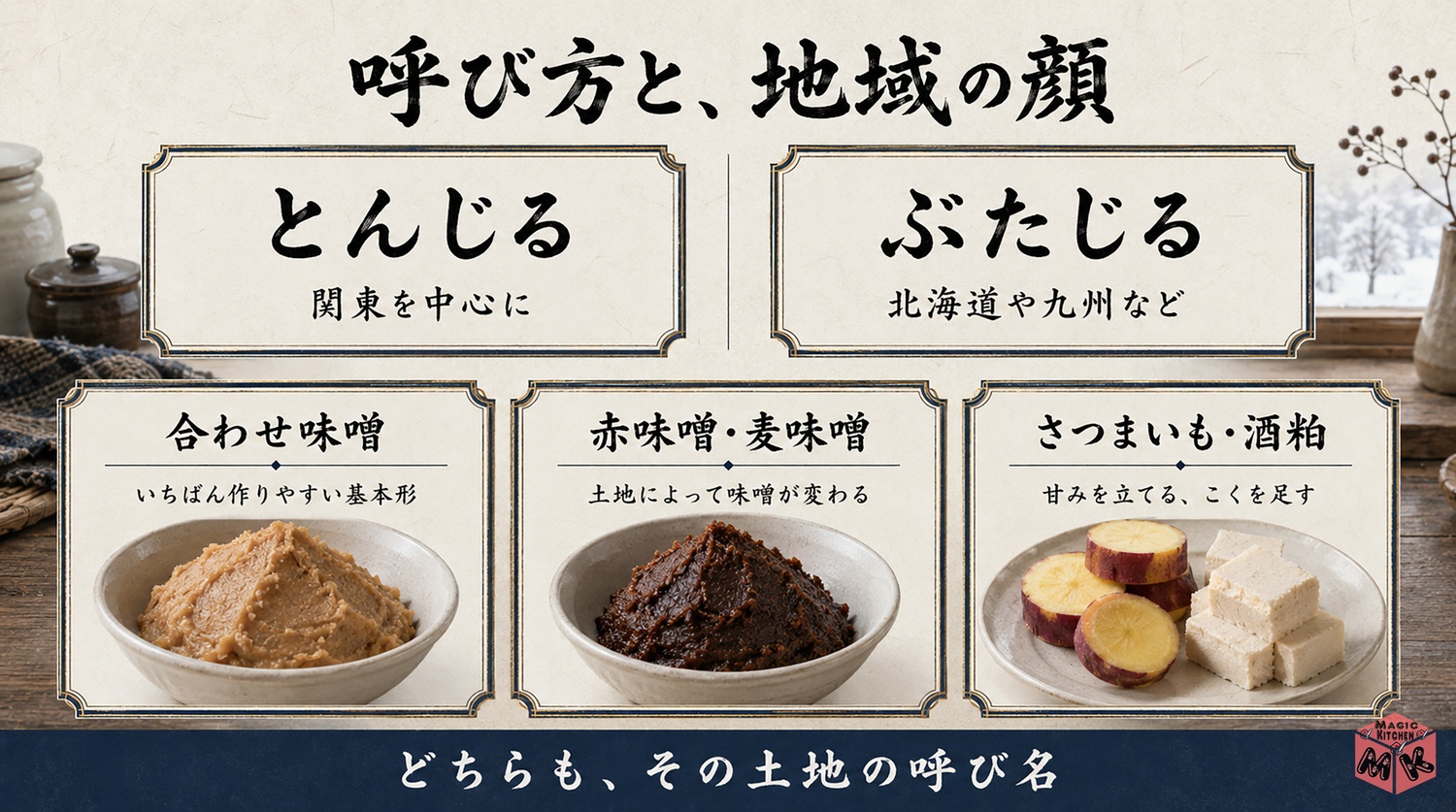 とんじるとぶたじるの呼び方と地域で変わる味噌や具の図解