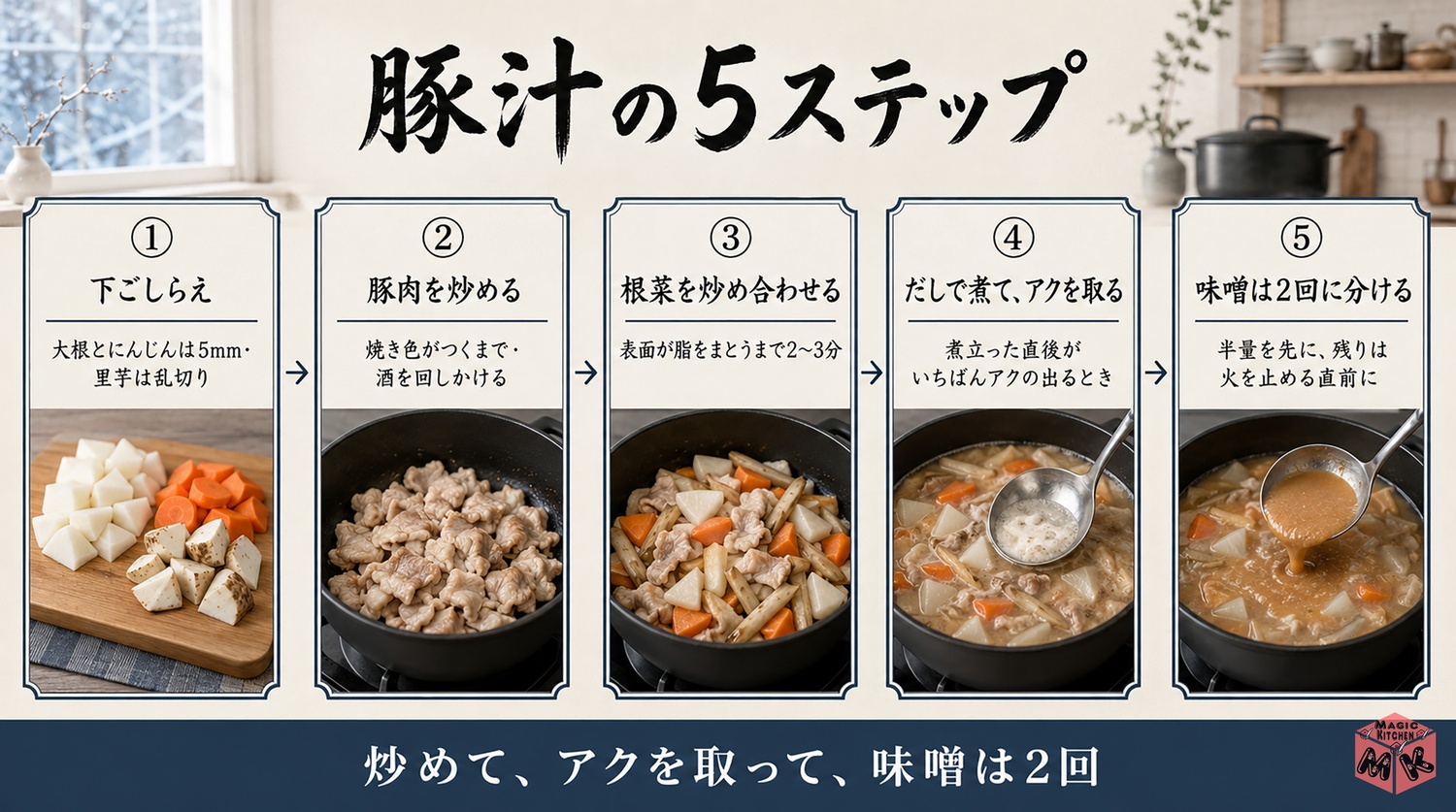 豚汁の作り方5ステップの工程図