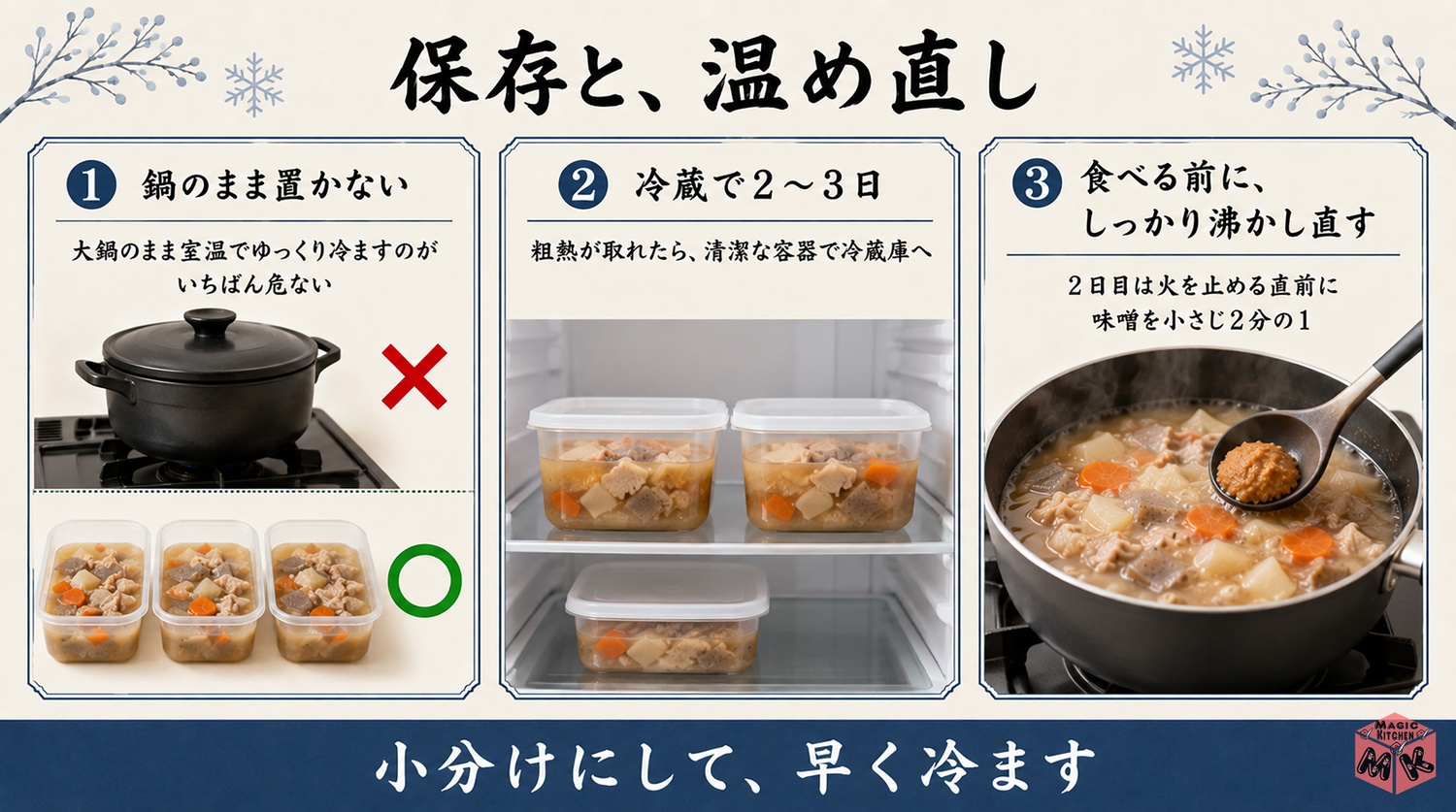 豚汁の保存と温め直しの図解(小分けにして早く冷ます・冷蔵2〜3日)