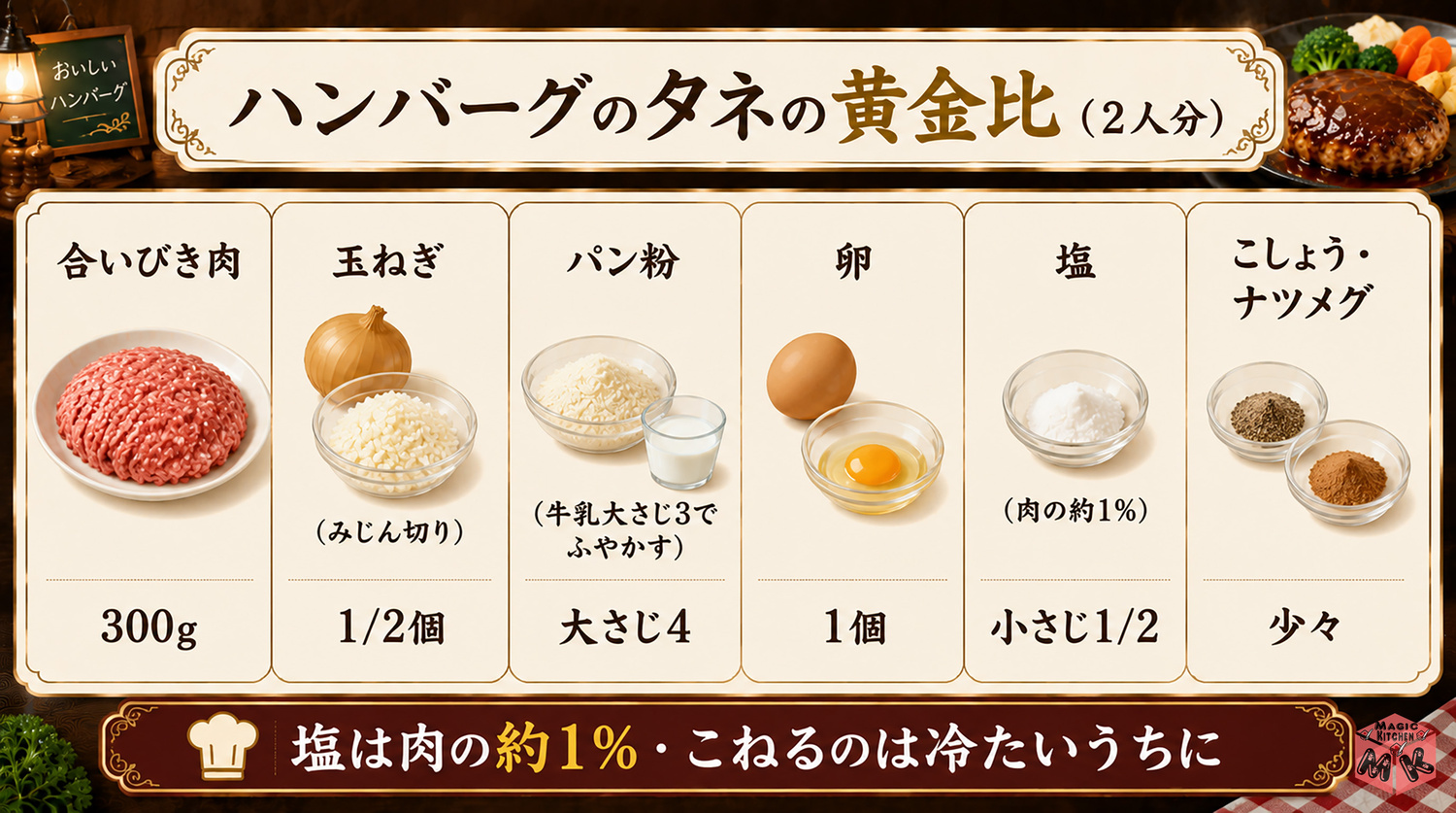 ハンバーグのタネの黄金比とこね方