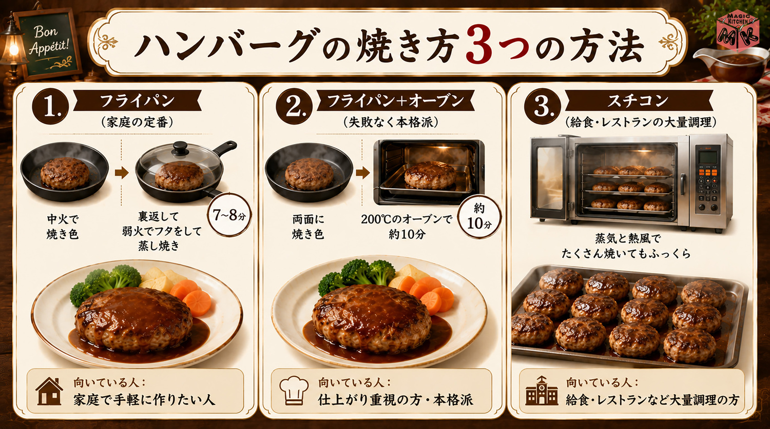 ハンバーグの焼き方(フライパン・オーブン・スチコン)