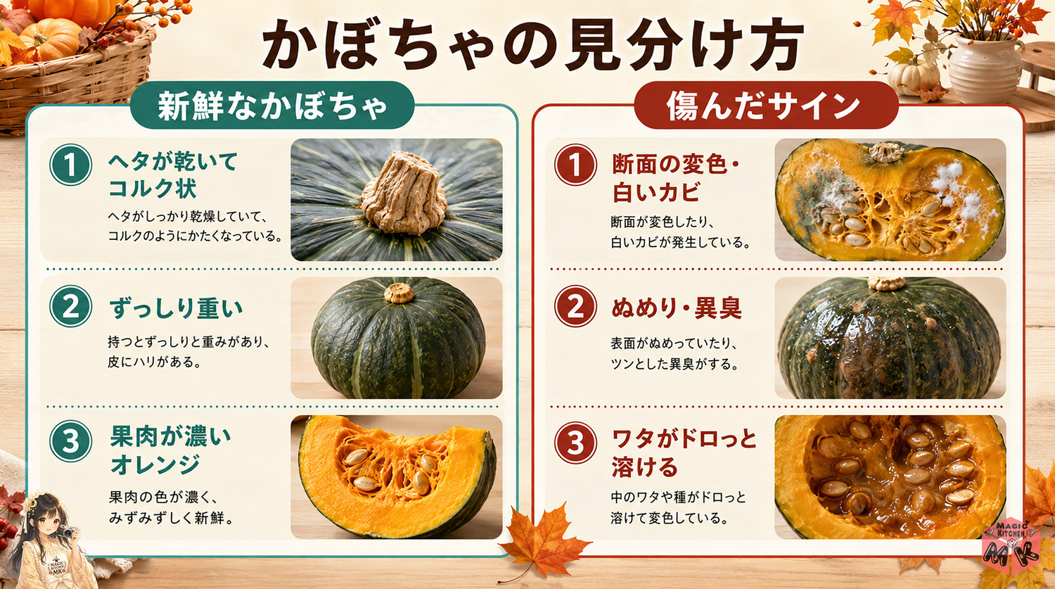 かぼちゃの新鮮/傷んだサインの見分け方の図解