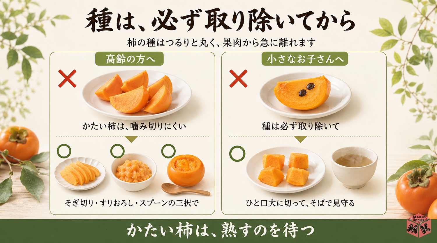 高齢者や子供にやさしい柿の出し方の図解（種は必ず取り除く）