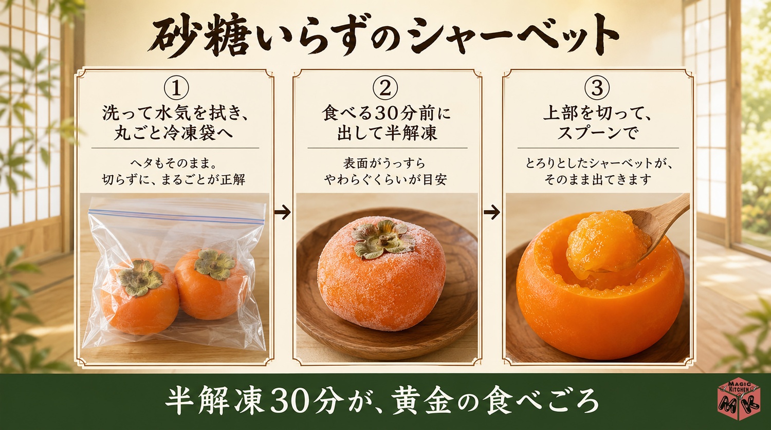 柿を丸ごと冷凍してシャーベットにする3ステップの工程図