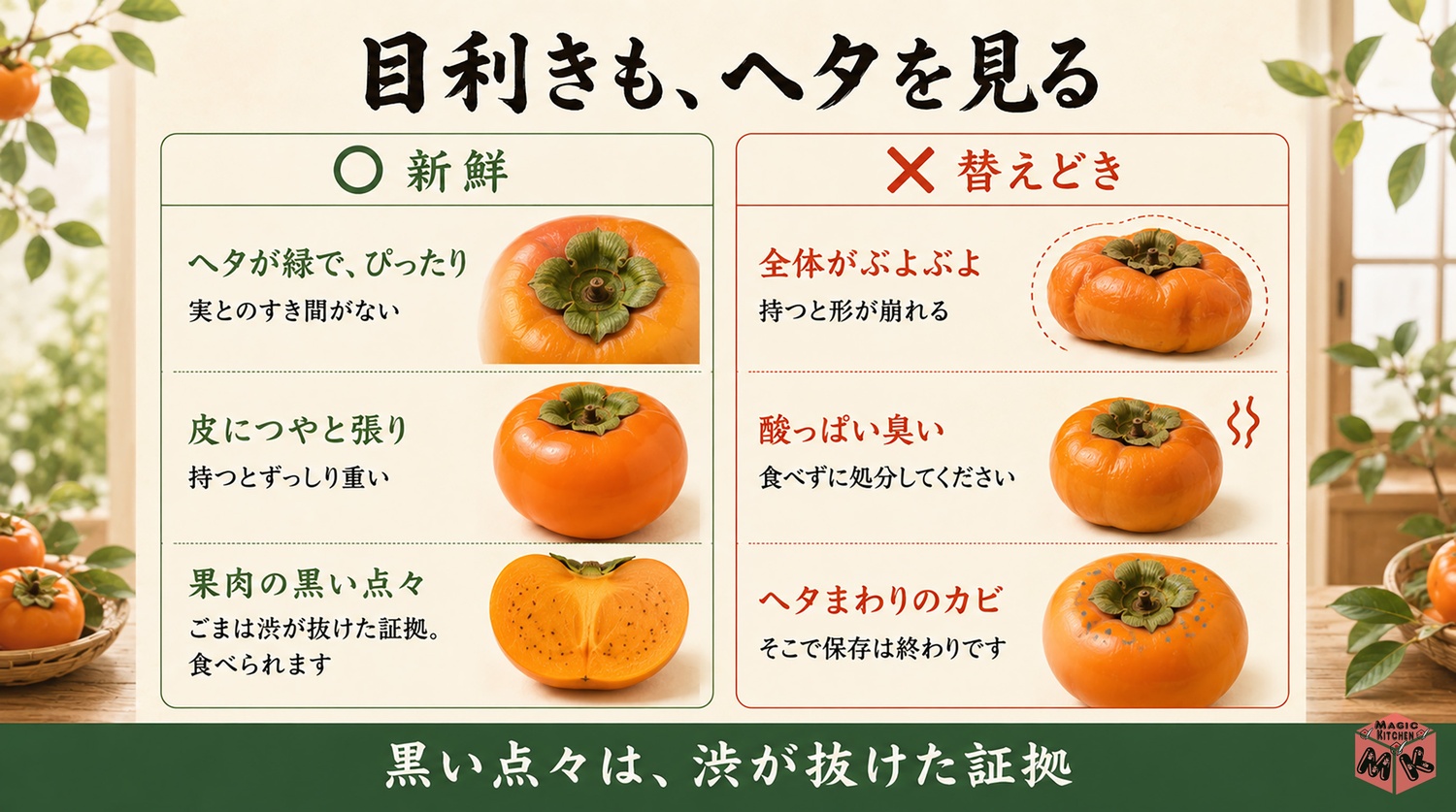 新鮮な柿と傷んだ柿の見分け方の図解