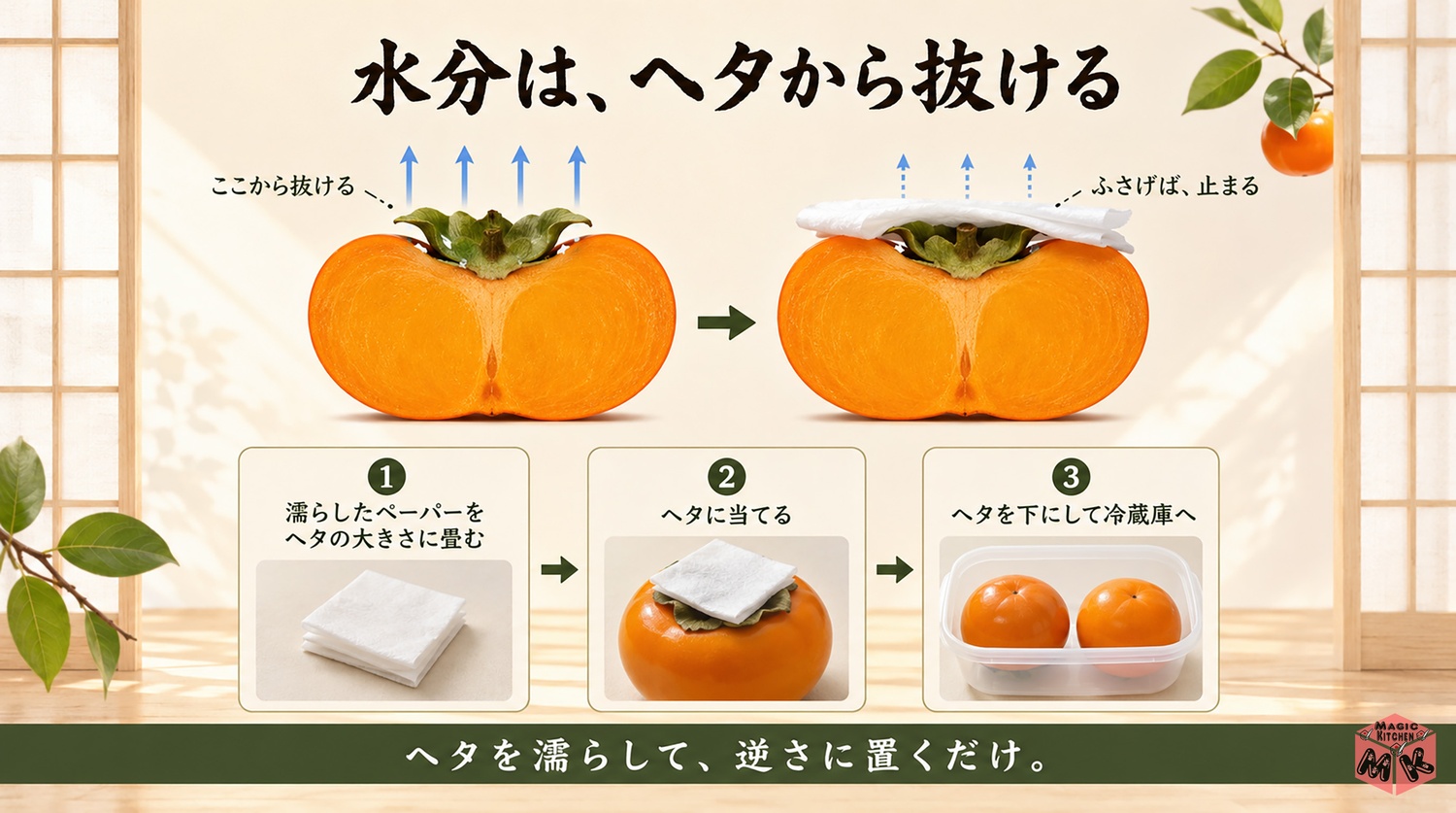 柿のヘタに濡れペーパーを当てて逆さ置きする3ステップの工程図