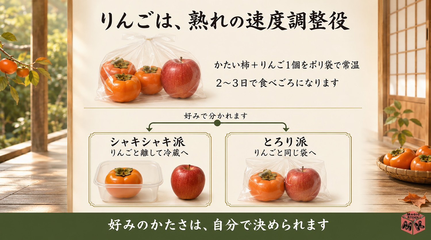 かたい柿をりんごと追熟させるコツと好みで分ける分岐チャート