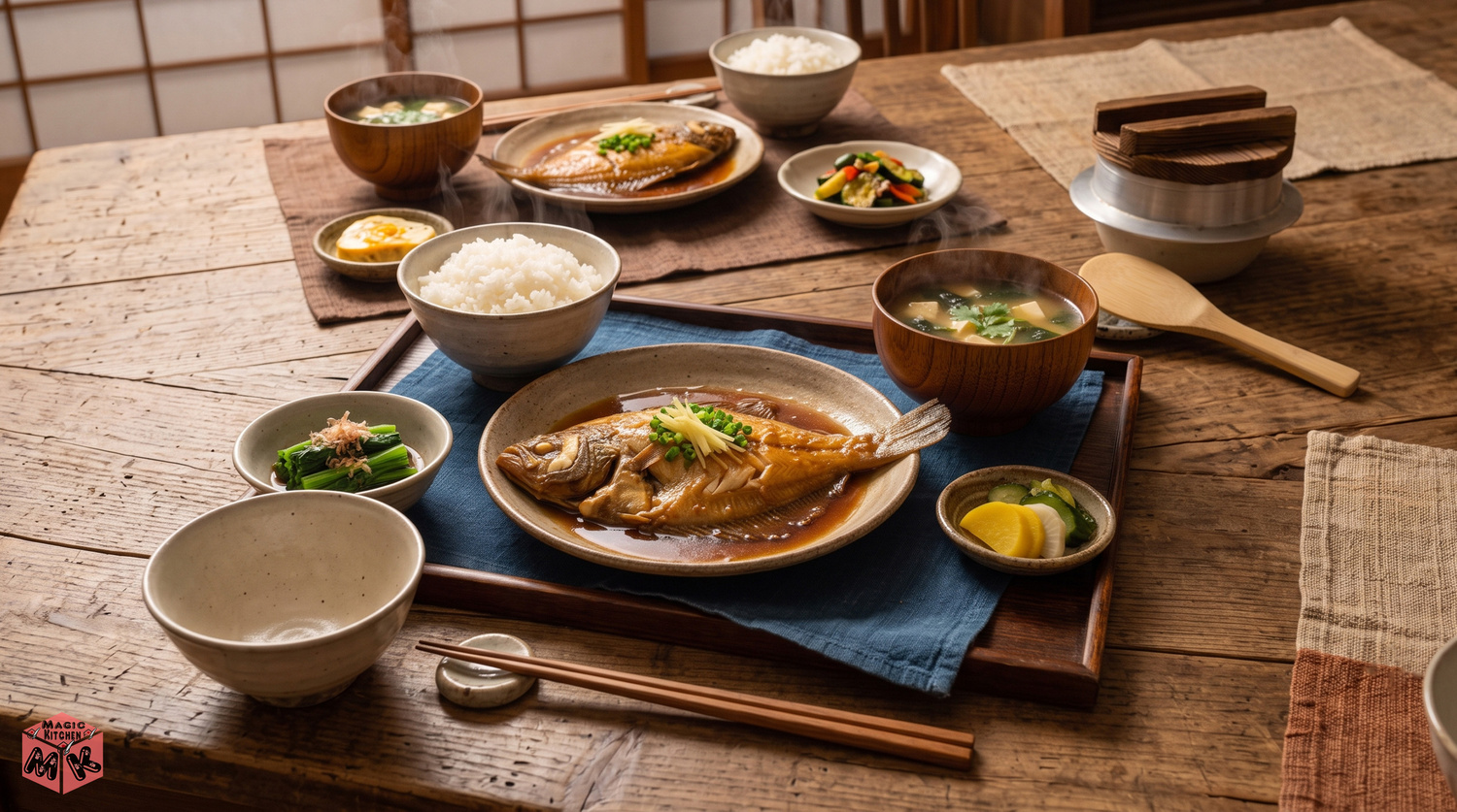 かれいの煮付けを囲む和の食卓の完成イメージ