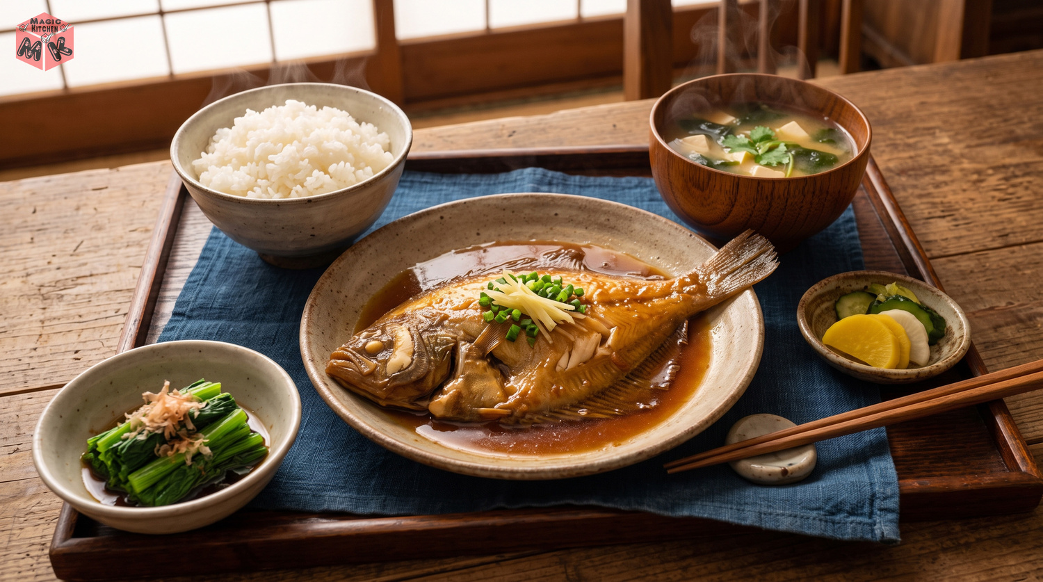 かれいの煮付けを中心にした和の煮魚定食の全体像