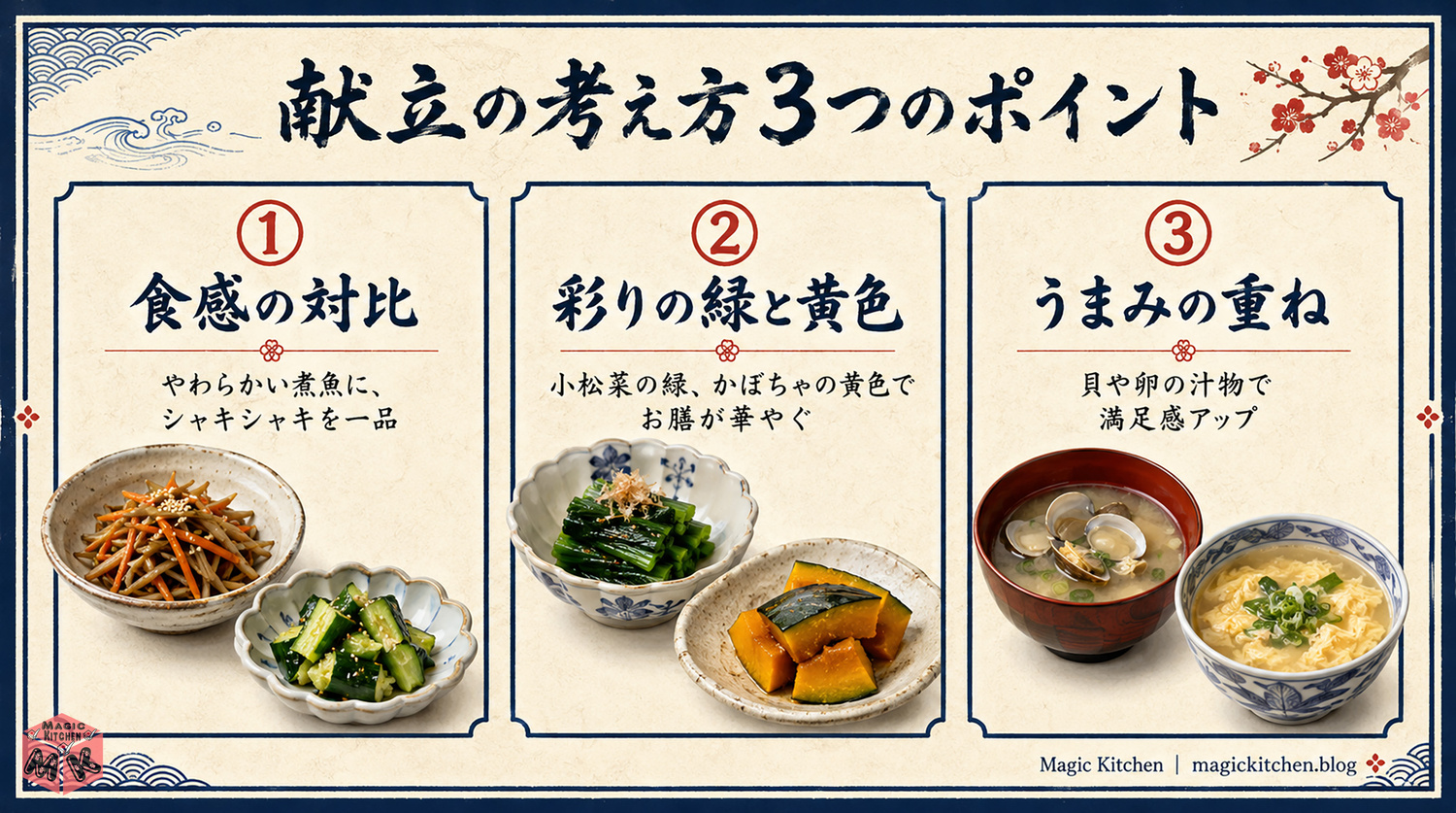 かれいの煮付けに合う献立の考え方3つのポイントの図解