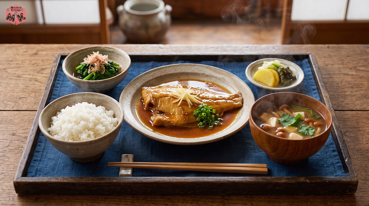 かれいの煮付けの献立例A(和定食の型)の配膳イメージ