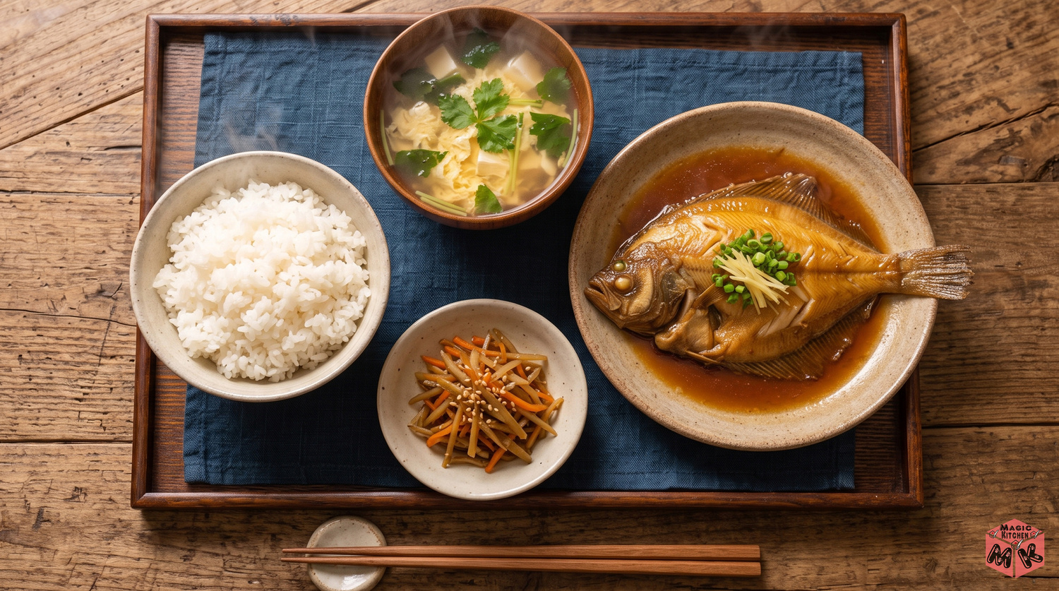 かれいの煮付けの献立例B(ボリューム型)の配膳イメージ