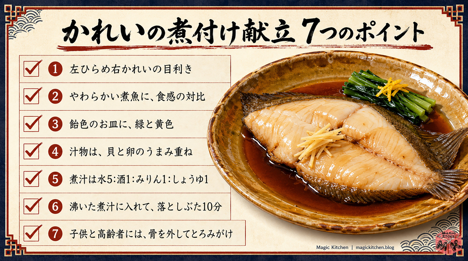 かれいの煮付け献立の7つのポイントまとめビジュアル